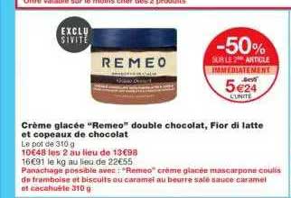Crème Glacée "remeo" Double Chocolat, Fior Di Latte Et Copeaux De Chocolat