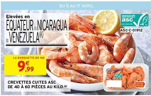 crevettes cuites asc de 40 à 60 pièces au kilo