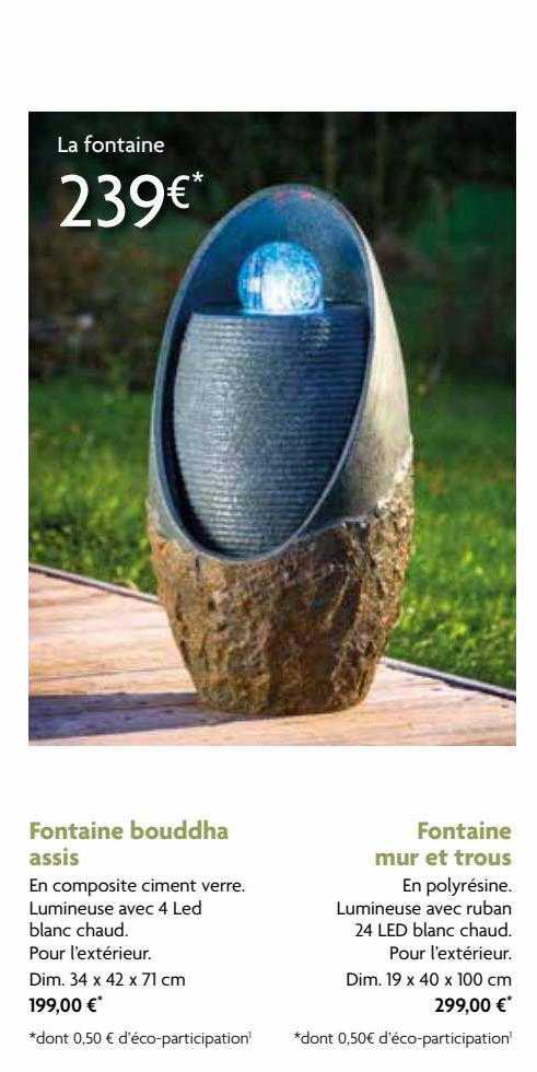 fontaine bouddha assis, fontaine mur et trous