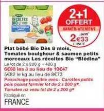 plat bébé bio dès 8 mois, tomates boulghour & saumon petits morceaux les récoltes bio "blédina"