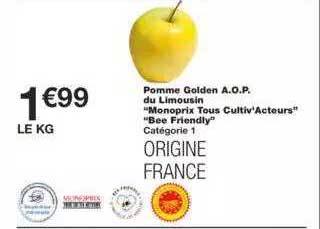 pomme golden a.o.p. du limousin "monoprix tous cultiv'acteurs" "bee friendly"