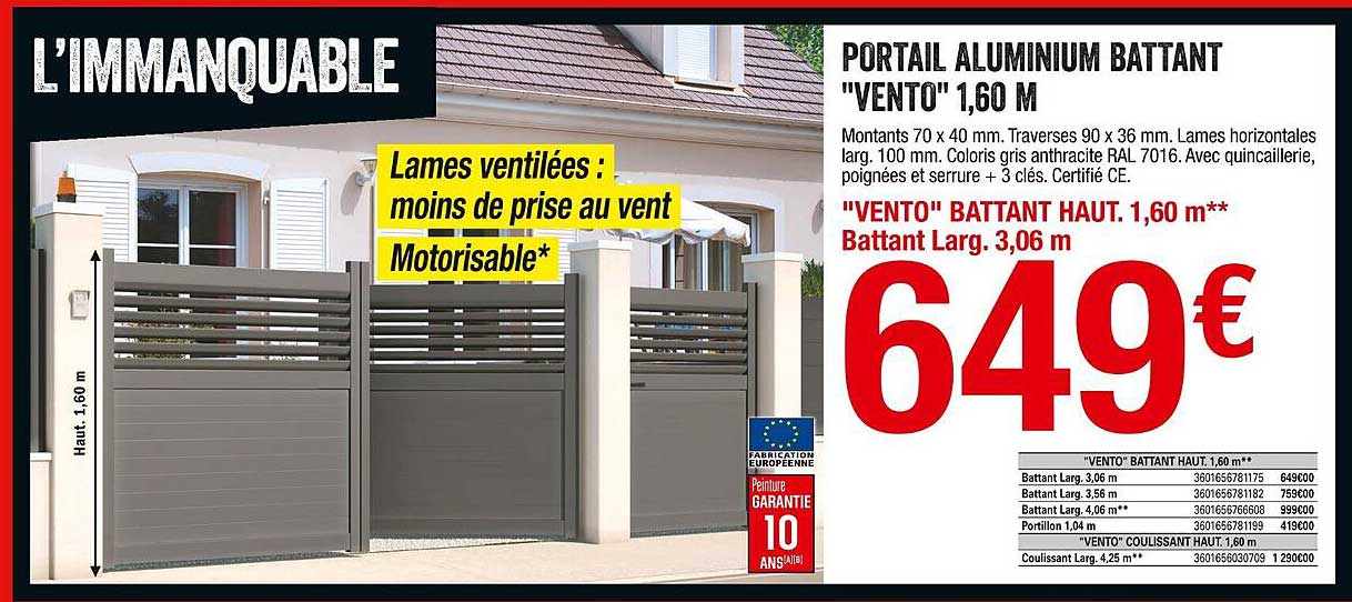 Portail Aluminium Battant "vento" 1,60 M