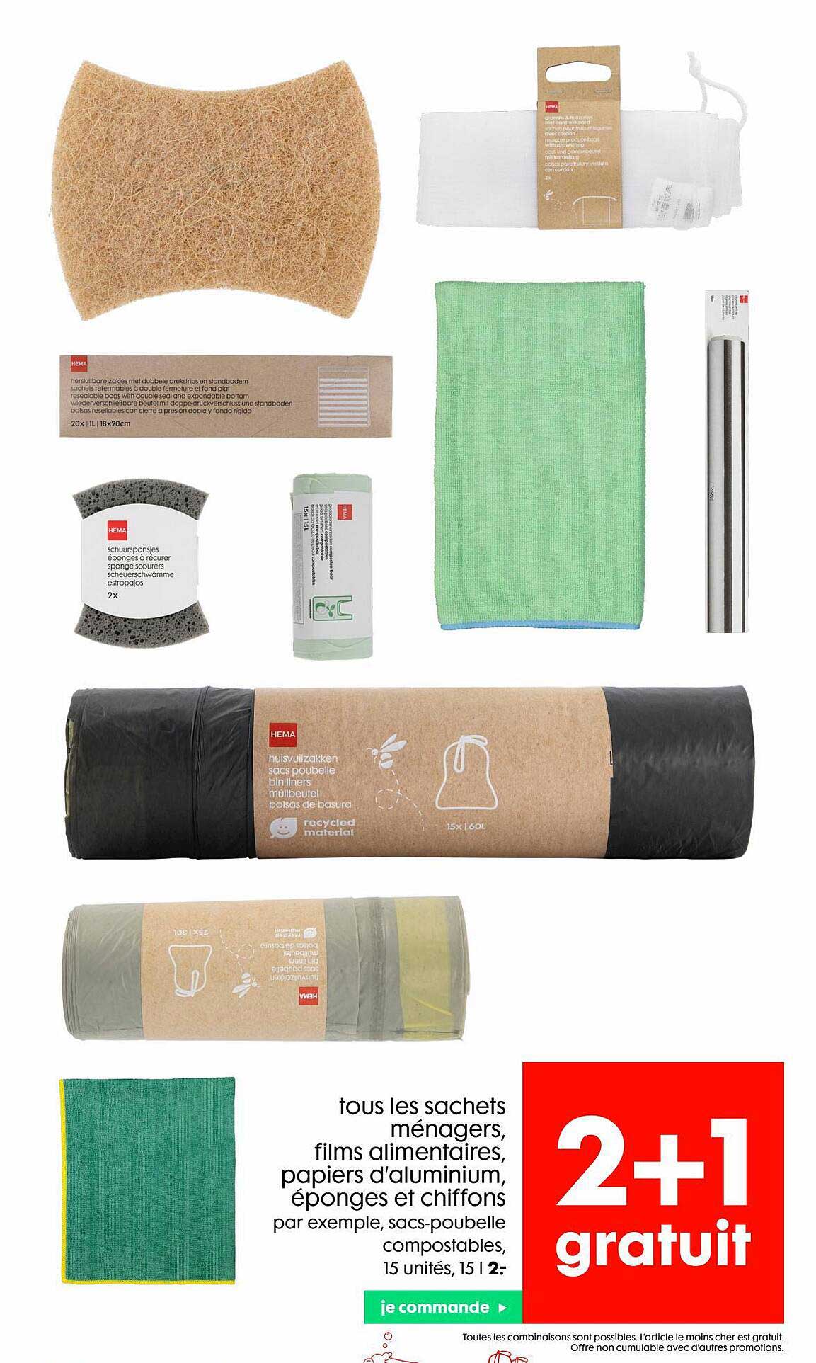 sachets ménagers, films alimentaires, papiers d'aluminium, éponges et chiffons