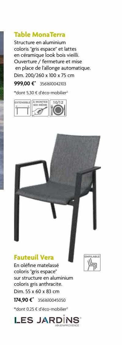 table mona terra, fauteuil vera