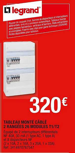 tableau monté câblé 2 rangées 26 modules t1-t2