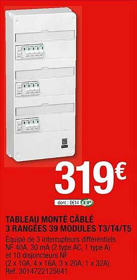 tableau monté câblé 3 rangées 39 modules t3-t4-t5