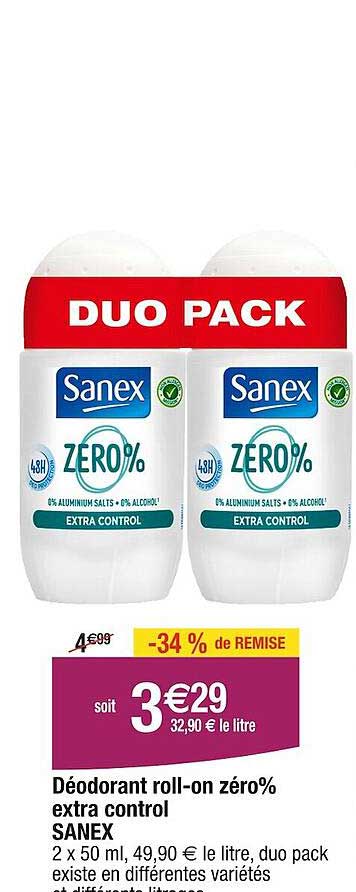 déodorant roll-on zéro% extra control sanex