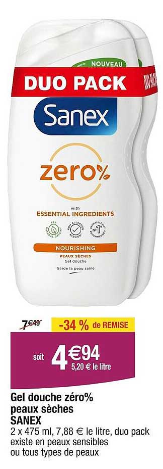 gel douche zéro% peaux sèches sanex