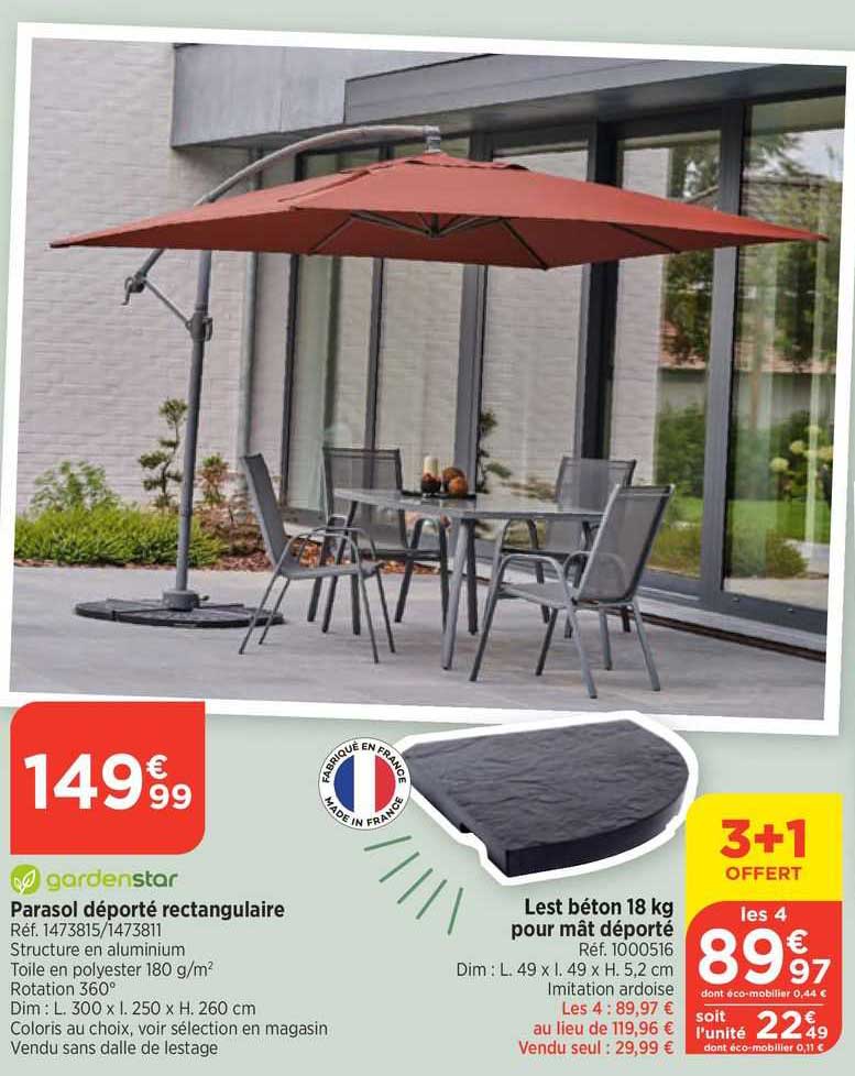 parasol déporté rectangulaire gardenstar, lest béton 18 kg pour mât déporté