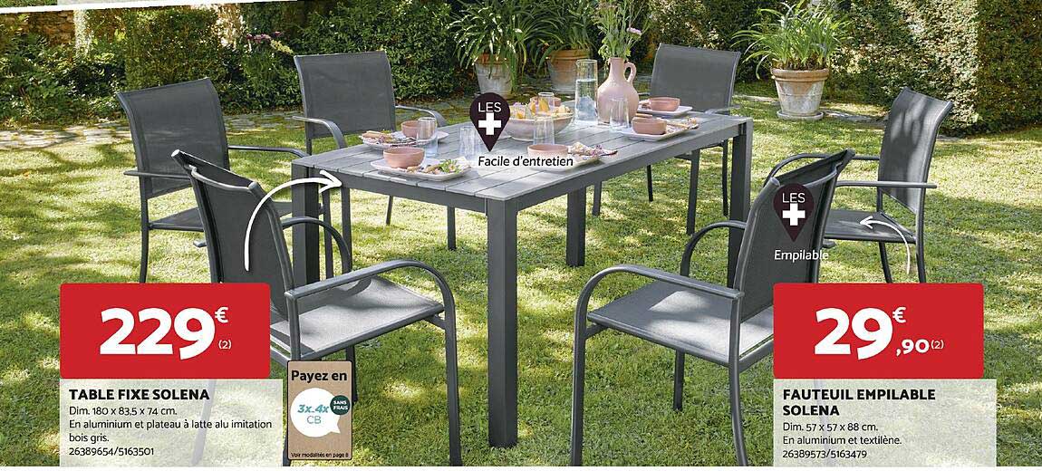 table fixe solena, fauteuil empilable solena