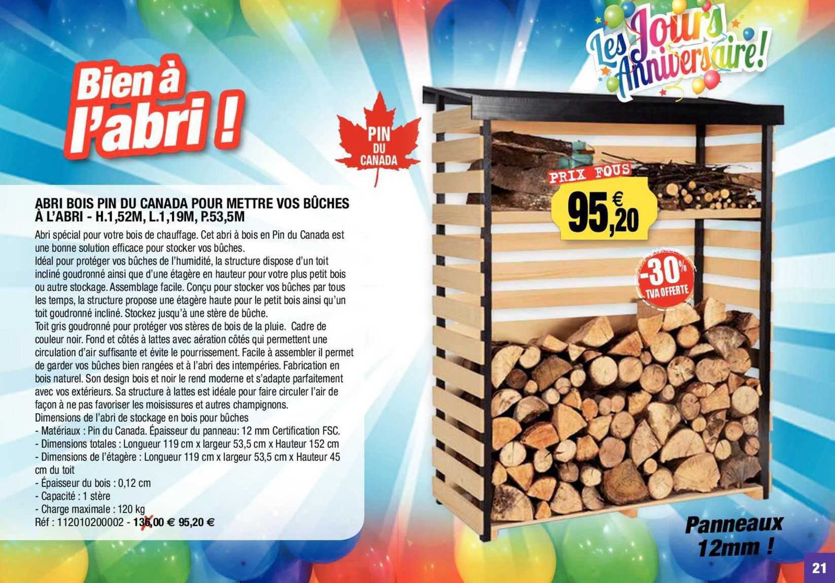 abri bois pin du canada pour mettre vos bûches à l'abri - h. 1,52 m, l. 1,19 m, p. 53,5 m