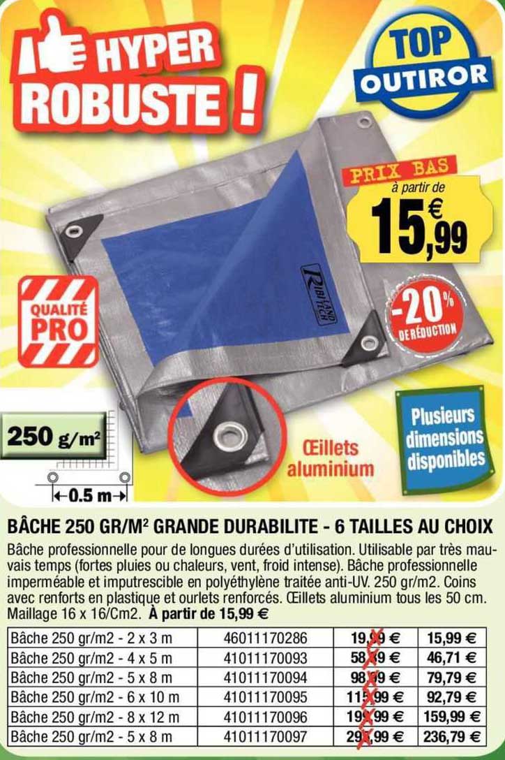bâche 250 gr/m² grande durabilité - 6 tailles au choix