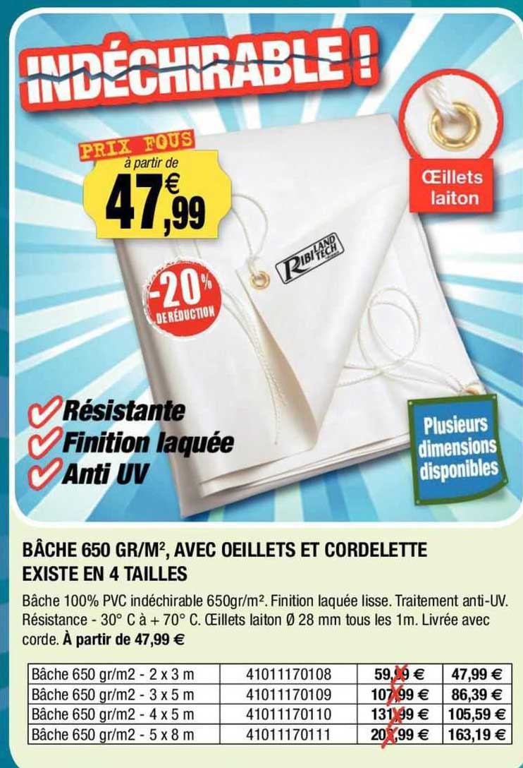 bâche 650 gr/m², avec œillets et cordelette existe en 4 tailles