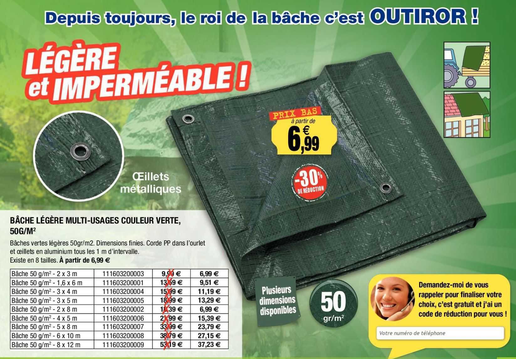 bâche légère multi-usages couleur verte, 50 g/m²