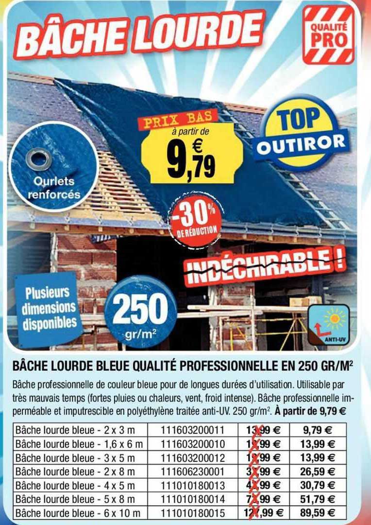 bâche lourde bleue qualité professionnelle en 250 gr/m²