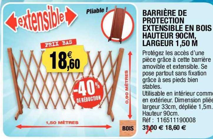 barrière de protection extensible en bois hauteur 90 cm, largeur 1,50 m