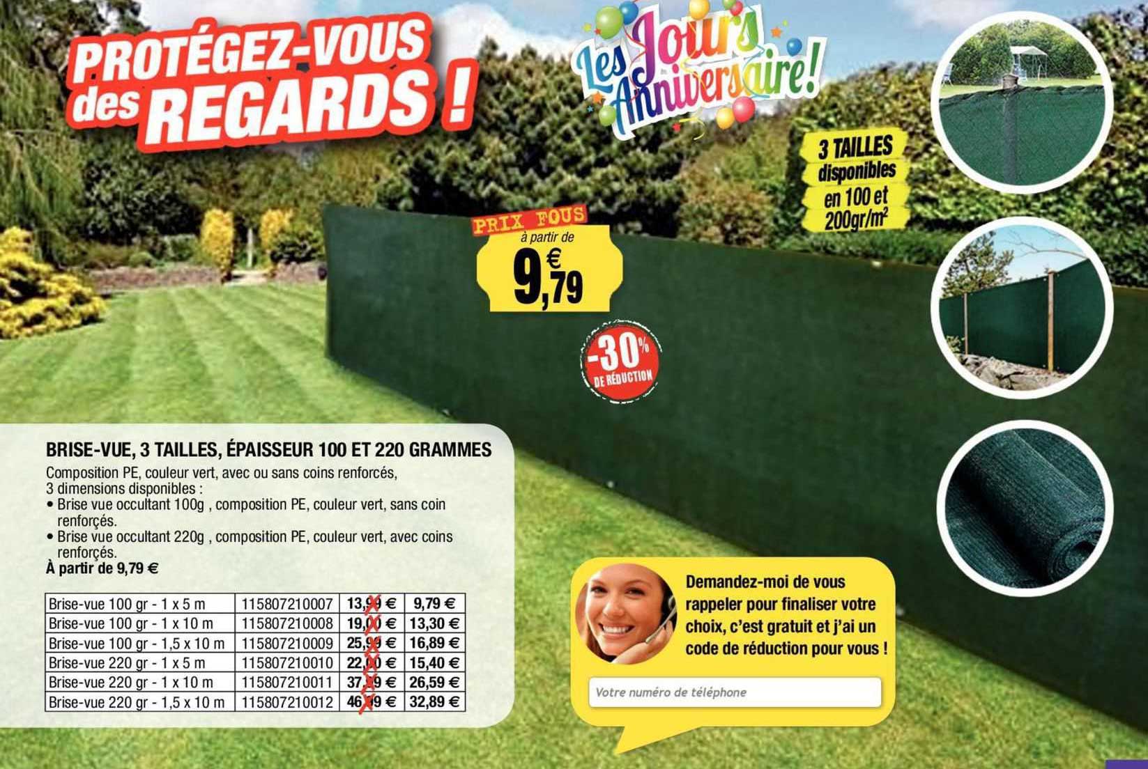 brise-vue, 3 tailles, épaisseur 100 et 220 grammes