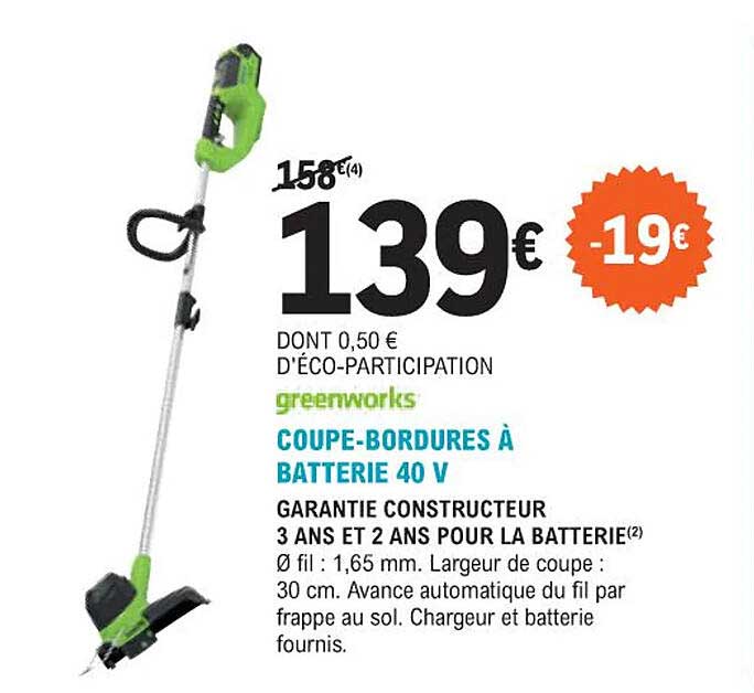 coupe-bordures à batterie 40 v greenworks