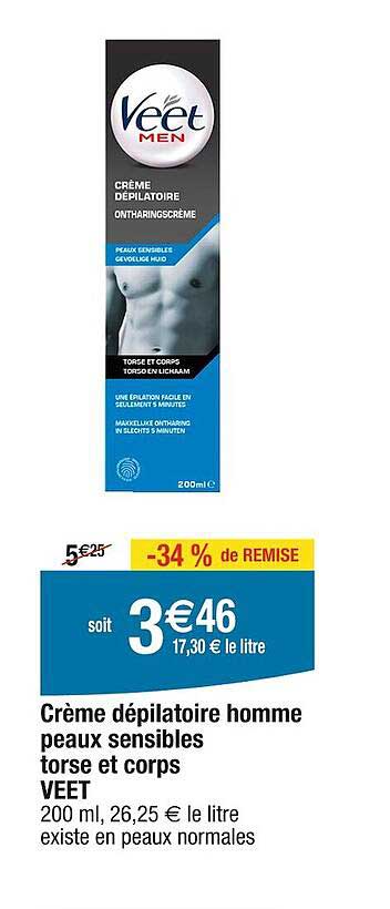 crème dépilatoire homme peaux sensibles torse et corps veet
