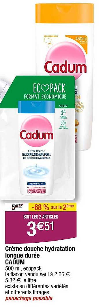 crème douche hydratation longue durée cadum