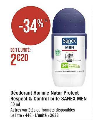 déodorant homme natur protect respect & control bille sanex men