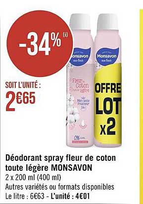 déodorant spray fleur de coton toute légère monsavon