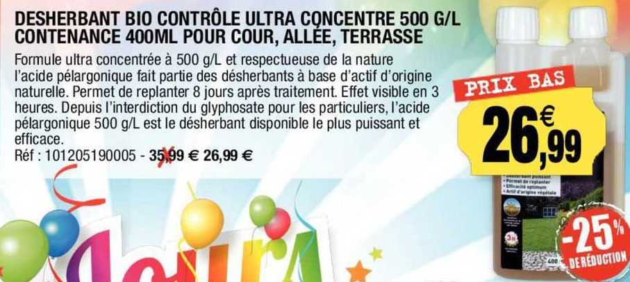désherbant bio contrôle ultra concentré 500 g/l contenance 400 ml pour cour, allée, terrasse