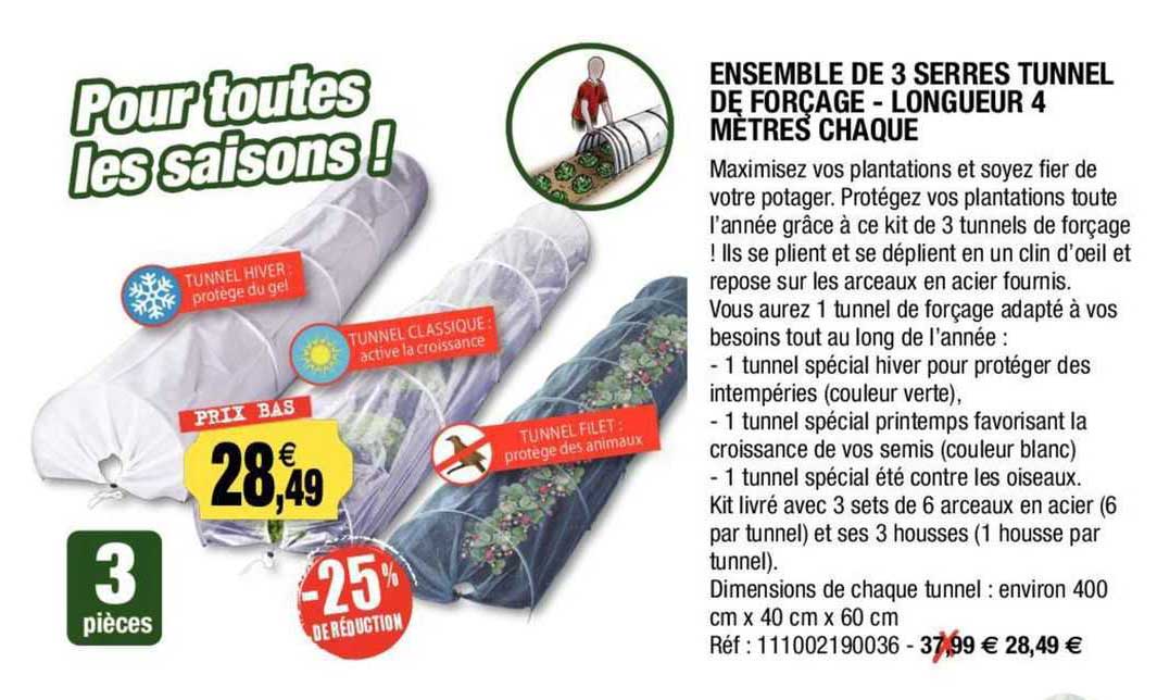 ensemble de 3 serres tunnel de forçage - longueur 4 mètres chaque