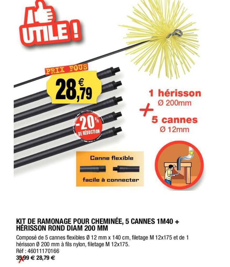 kit de ramonage pour cheminée, 5 cannes 1 m 40 + hérisson rond diam 200 mm