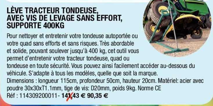 lève tracteur tondeuse, avec vis de levage sans effort, supporte 400 kg