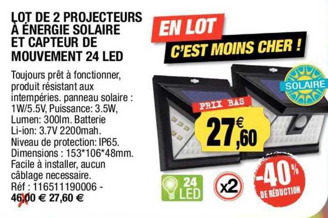lot de 2 projecteurs à énergie solaire et capteur de mouvement 24 led