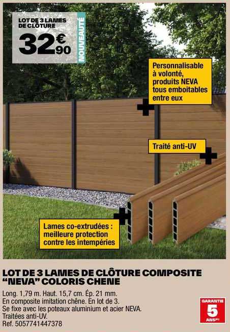 lot de 3 lames de clôture composite "neva" coloris chêne