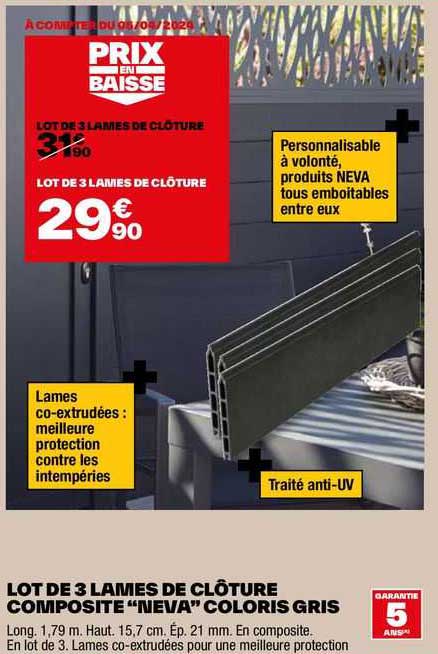 lot de 3 lames de clôture composite "neva" coloris gris