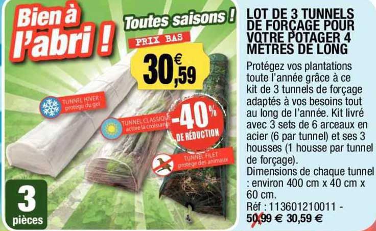 lot de 3 tunnels de forçage pour potager 4 mètres de long