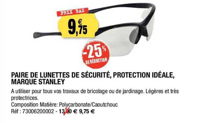 paire de lunettes de sécurité, protection idéale, marque stanley