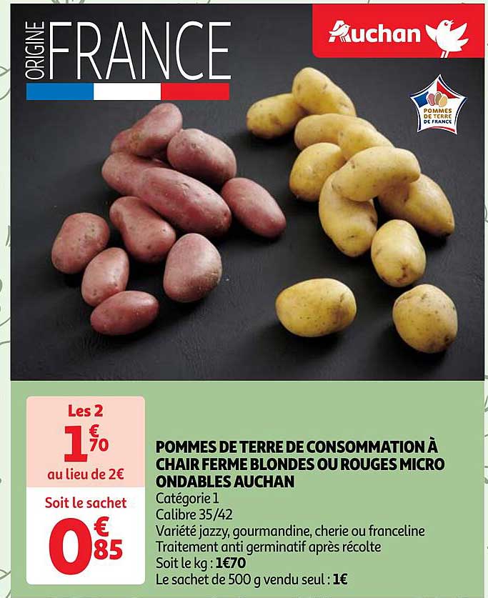 pommes de terre de consommation à chair ferme blondes ou rouges micro ondables auchan