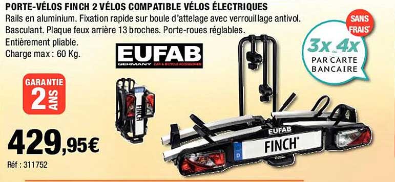 porte-vélos finch 2 vélos compatible vélos électriques eufab