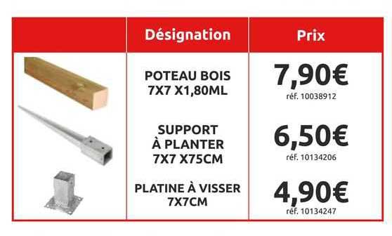 poteau bois 7 x 7 x 1,80 ml, support là planter 7 x 7 x 75 cm, platine à visser 7 x 7 cm