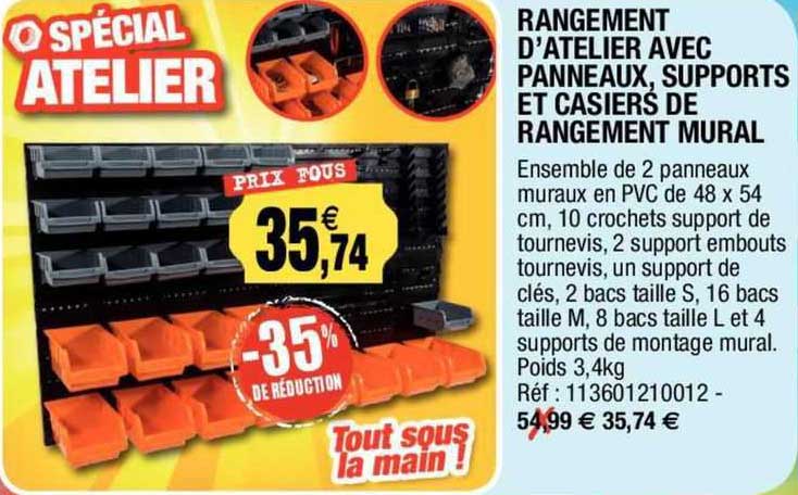 rangement d'atelier avec panneaux, supports et casiers de rangement mural