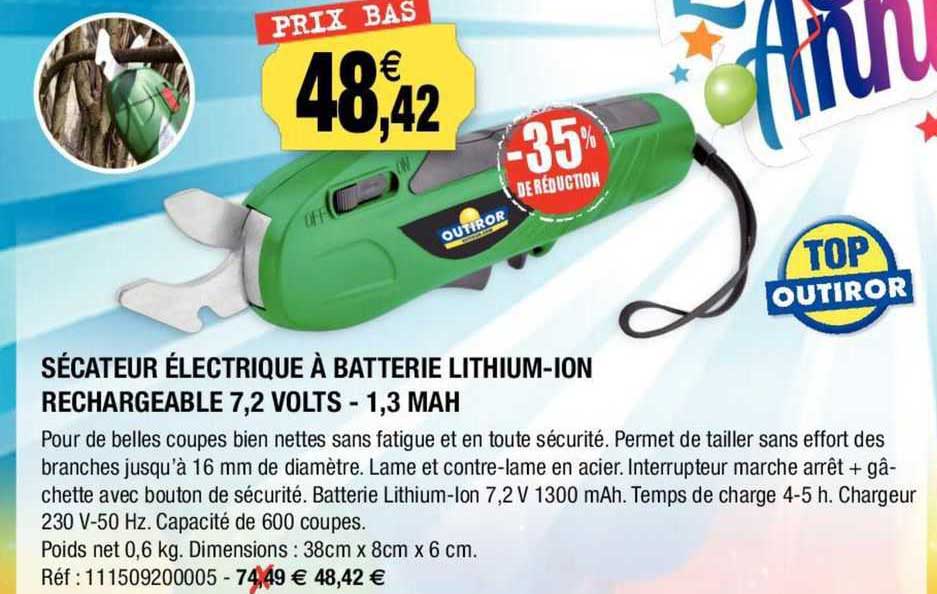 sécateur électrique à batterie lithium-ion rechargeable 7,2 volts - 1,3 mah