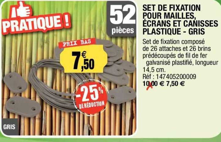 set de fixation pour mailles, écrans et canisses plastique - gris