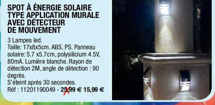 spot à énergie solaire type application murale avec détecteur de mouvement