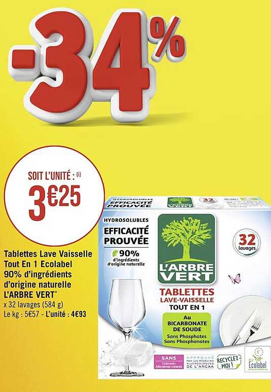 Tablettes Lave Vaisselle Tout En 1 Ecolabel 90% D'ingrédients D'origine Naturelle L'arbre Vert