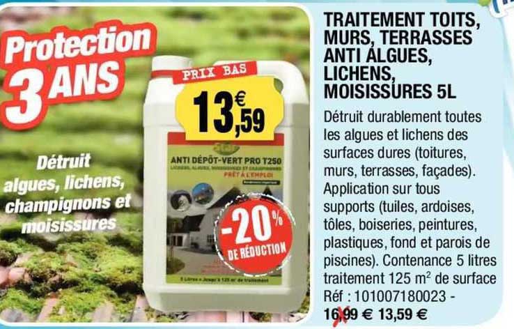 Traitement Toits, Murs, Terrasses Anti Algues, Lichens, Moisissures 5 L