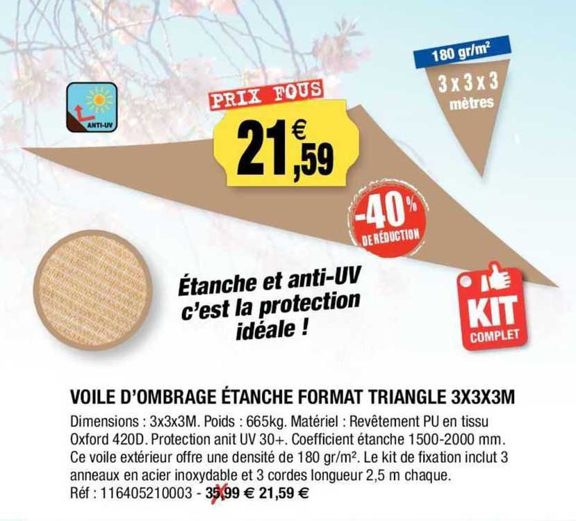 voile d'ombrage étanche format triangle 3 x 3 x 3 m