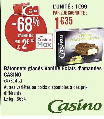 bâtonnets glacés vanille éclats d'amandes casino