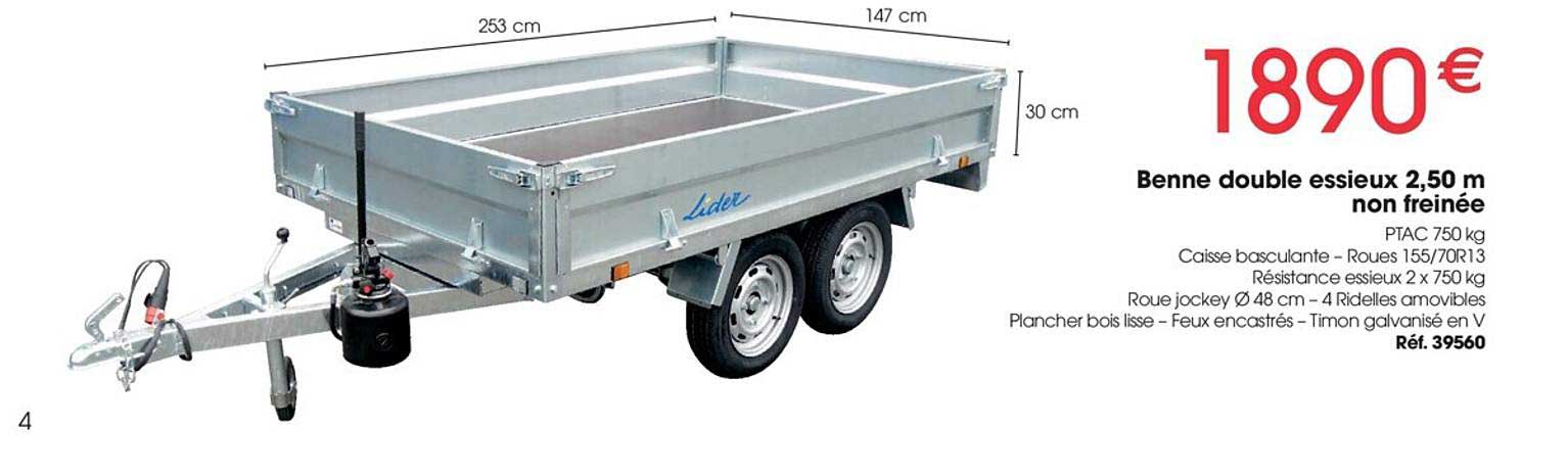 benne double essieux 2,50 m non freinée