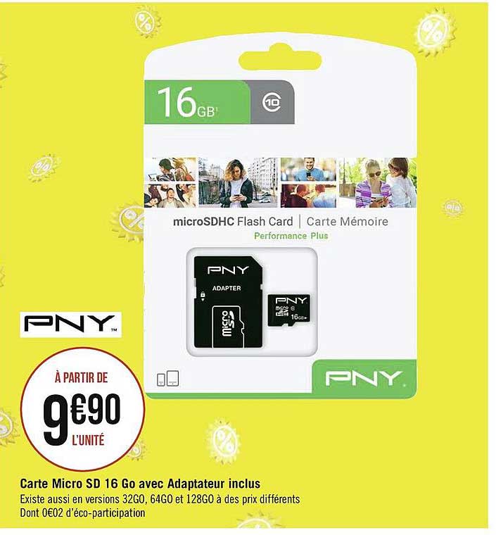 carte micro sd 16 go avec adaptateur inclus pny
