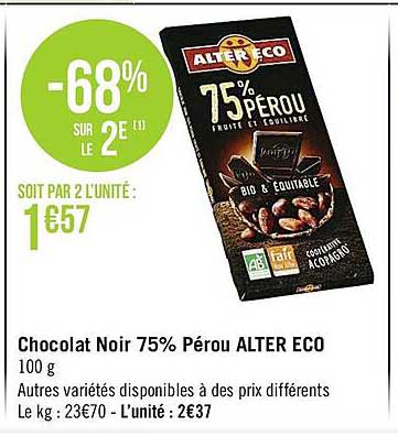 chocolat noir 75% pérou alter éco