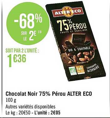 chocolat noir 75% pérou alter eco